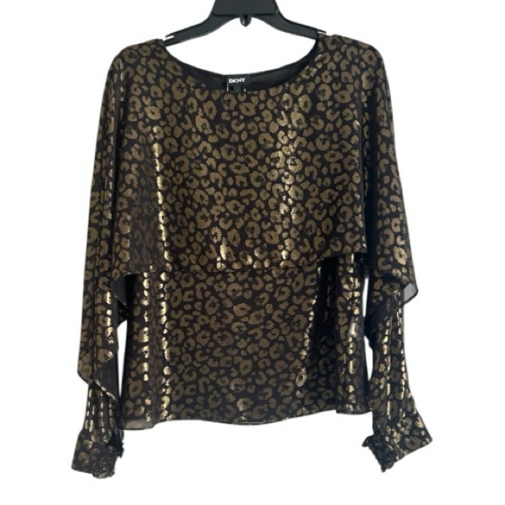 🆕 DKNY Popover Top, Black and Gold Patterned Blouse